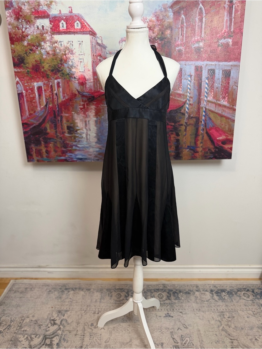 BCBG Max Azria 100% Silk Black Halter Midi Dress